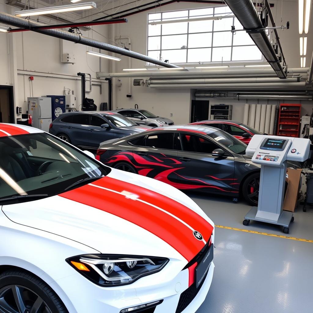 Professional vehicle wrap shop with cars being wrapped